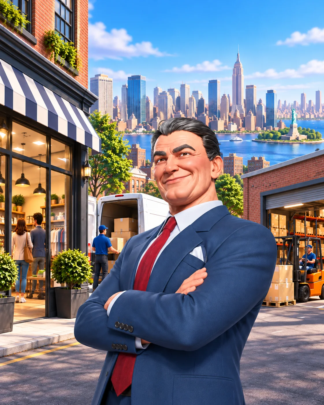Editorial game visual of Big Ambitions' suited entrepreneur between a shop, delivery van, and warehouse