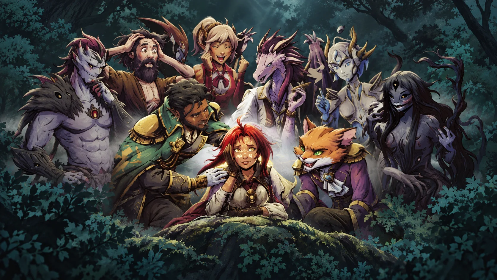Editorial game visual of Ledgerbound's red-haired lead surrounded by its fantasy ensemble