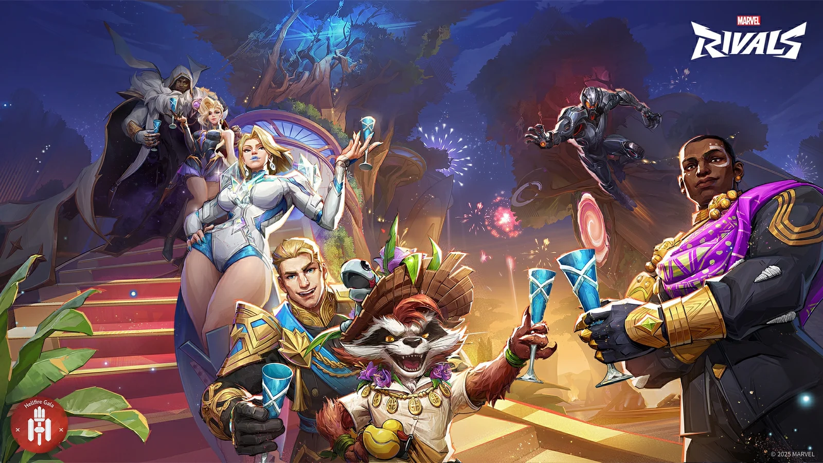 Official Marvel Rivals roster artwork showing heroes gathered around an objective celebration