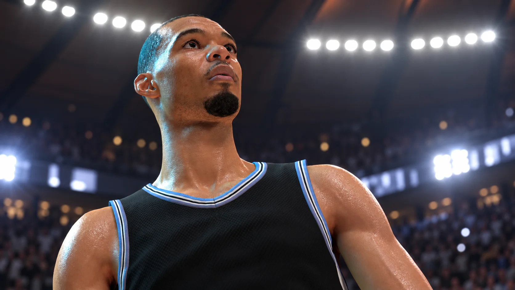 Editorial game visual of an NBA 2K27 athlete under arena lights before tip-off