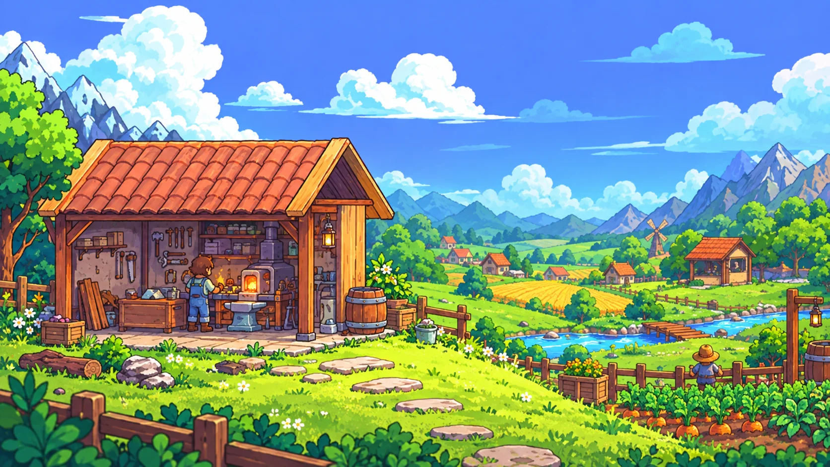 Editorial game visual of Suncraft's open workshop, crafter, farmland, and restored village