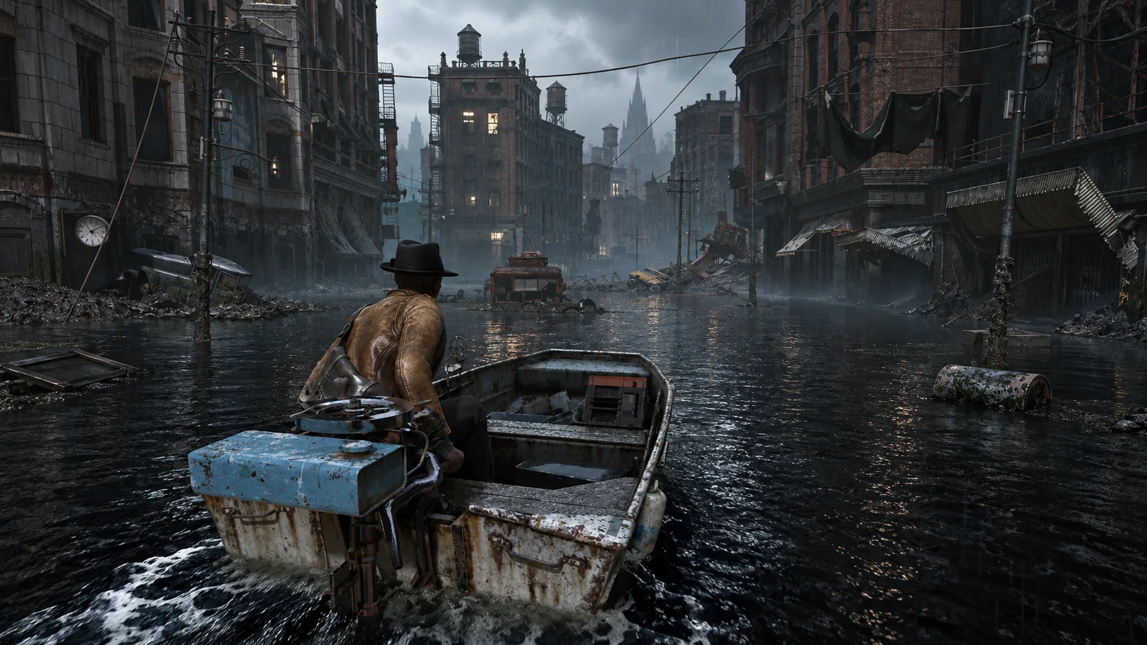Editorial game visual of Calvin steering a battered boat through flooded Arkham
